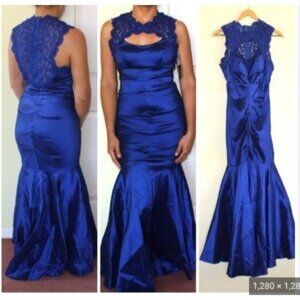 Xscape Formal Dress Blue Lace Satin Mermaid Gown Ruched Details Keyhole Front 14
